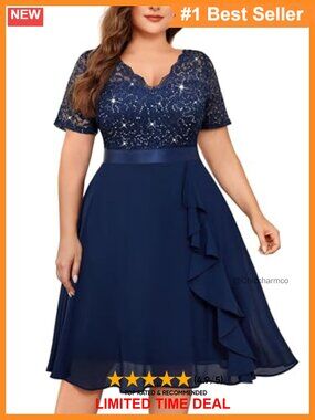 Plus Size Sequin Lace V-Neck Ruffle Chiffon Cocktail Dress Knee Length